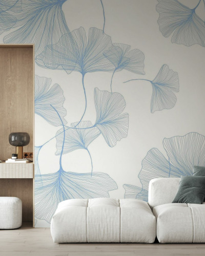 Fototapet floral albastru cu frunze de ginkgo într-un living modern