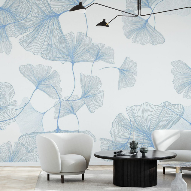 Fototapet floral albastru cu frunze de ginkgo într-un living modern