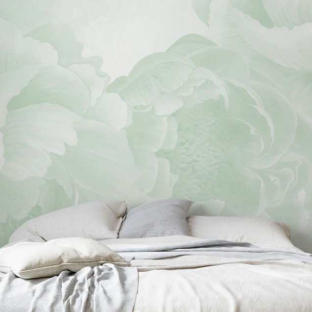 Fototapet floral cu design de bujori verzi într-un living modern