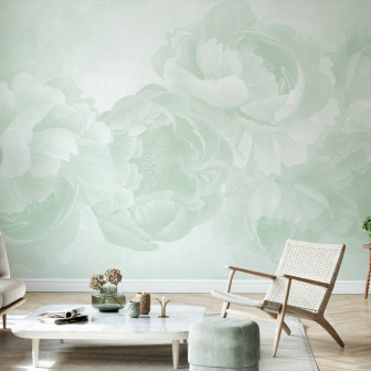 Fototapet floral cu design de bujori verzi într-un living modern