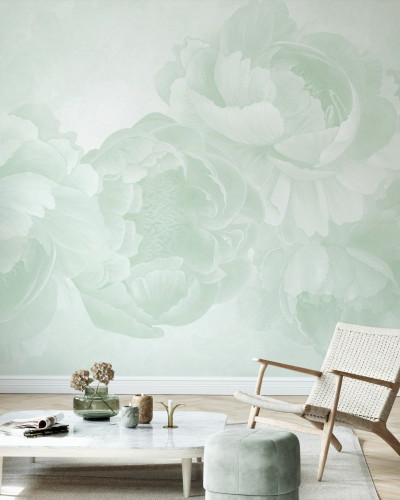Fototapet floral cu design de bujori verzi într-un living modern