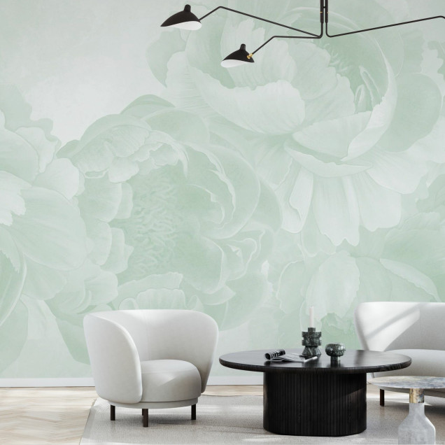 Fototapet floral cu design de bujori verzi într-un living modern