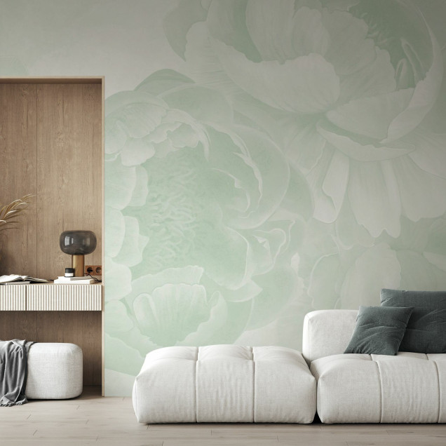 Fototapet floral cu design de bujori verzi într-un living modern