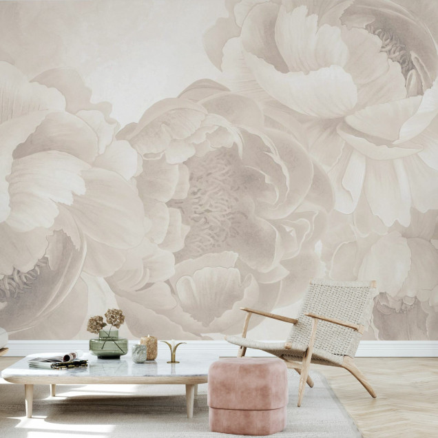Fototapet floral bej cu bujori
