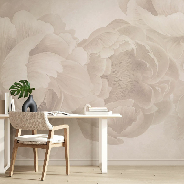 Fototapet floral bej cu bujori