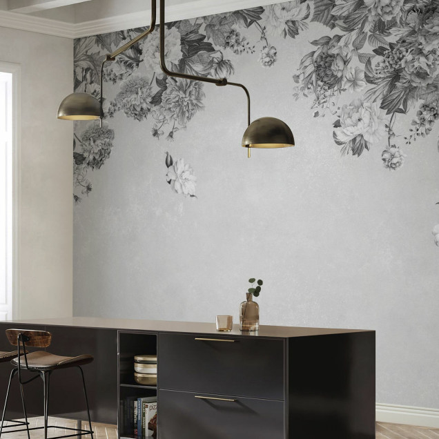 Fototapet cu flori vintage alb-negru într-un interior modern