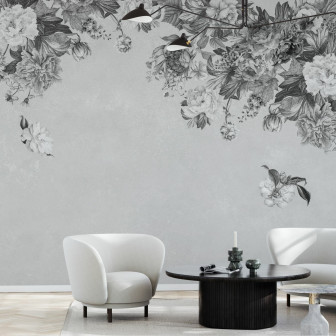 Fototapet cu flori vintage alb-negru într-un interior modern