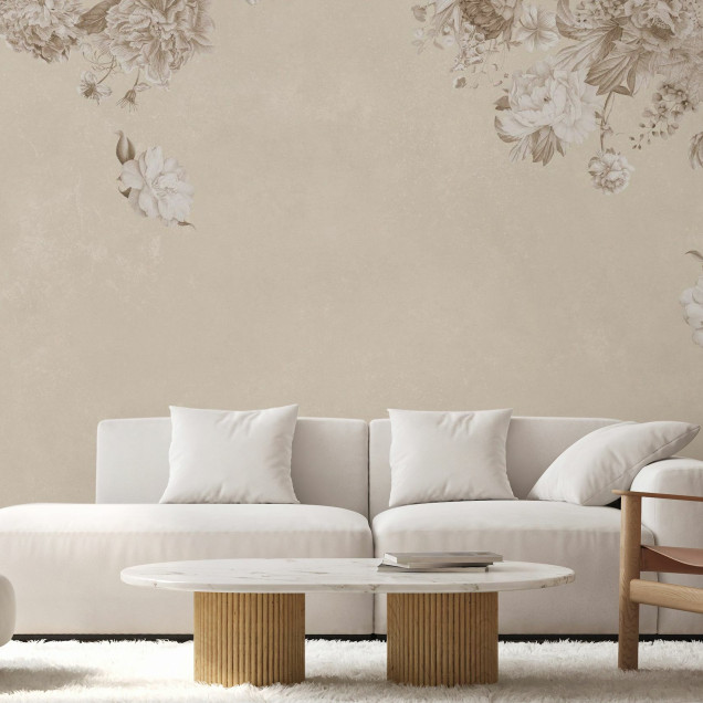 Fototapet cu flori vintage bej într-un living elegant