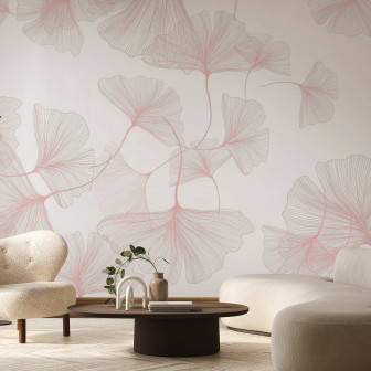 Fototapet elegant cu frunze roz pal în living modern