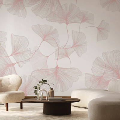 Fototapet elegant cu frunze roz pal în living modern