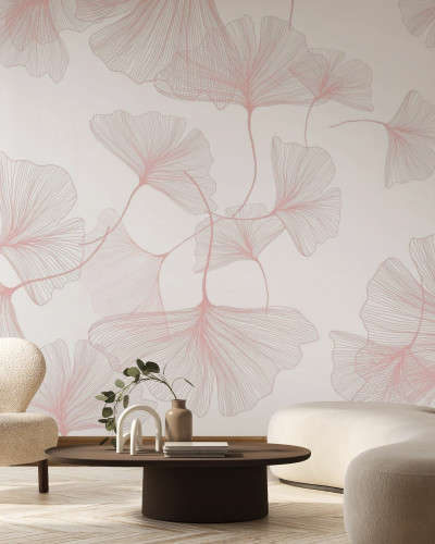 Fototapet elegant cu frunze roz pal în living modern