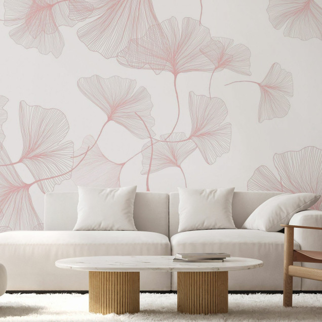 Fototapet elegant cu frunze roz pal în living modern