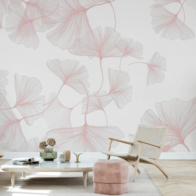 Fototapet elegant cu frunze roz pal în living modern
