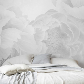 Fototapet cu model floral alb-negru, aplicat într-un dormitor modern.