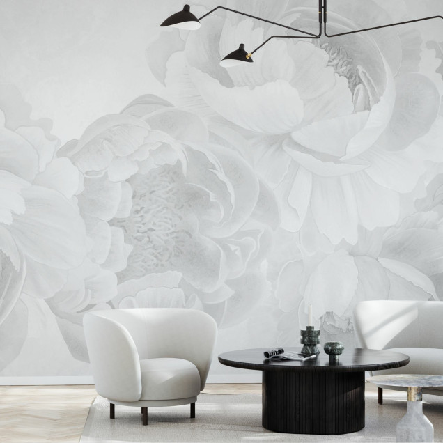Fototapet cu model floral alb-negru, aplicat într-un dormitor modern.