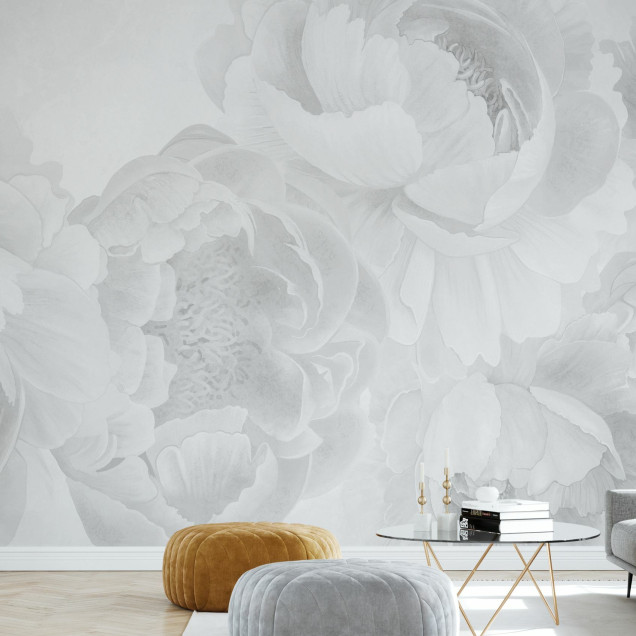 Fototapet cu model floral alb-negru, aplicat într-un dormitor modern.