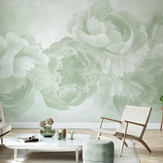 Fototapet floral cu bujori verzi într-un living modern