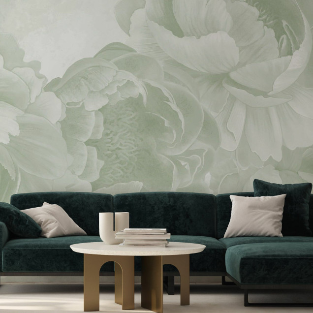 Fototapet floral cu bujori verzi într-un living modern
