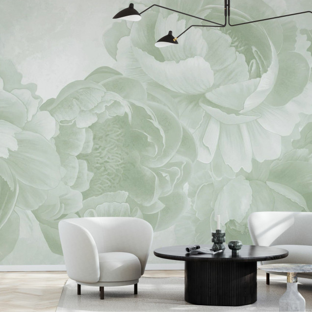 Fototapet floral cu bujori verzi într-un living modern