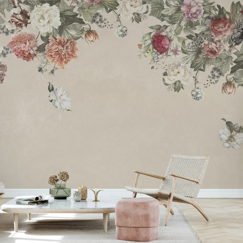 Fototapet floral vintage albastru în decor de dormitor