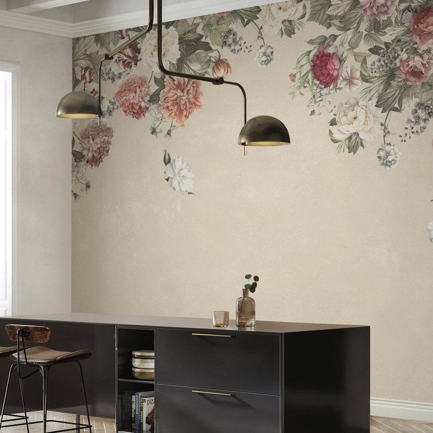 Fototapet floral vintage albastru în decor de dormitor