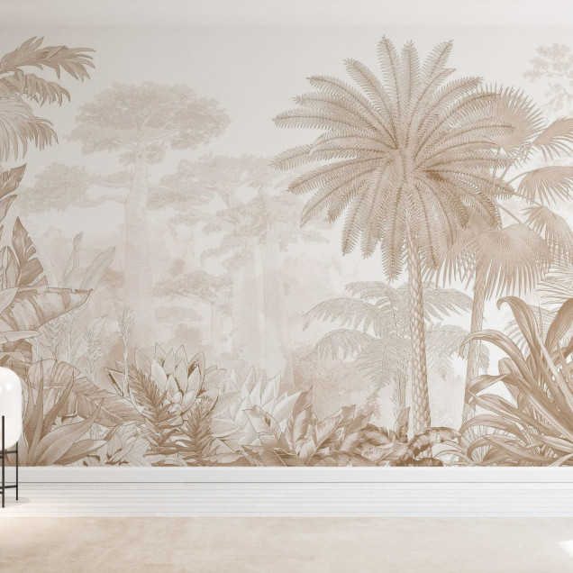 Fototapet Tropical Eden - Beige, Photowall cu design tropical bej într-un living modern