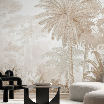 Fototapet Tropical Eden - Beige, Photowall cu design tropical bej într-un living modern