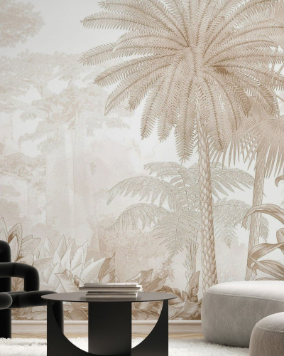 Fototapet Tropical Eden - Beige, Photowall cu design tropical bej într-un living modern
