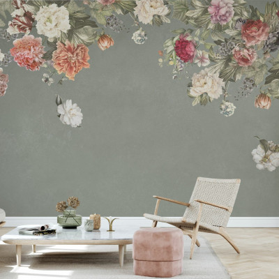 Fototapet floral vintage cu fundal verde