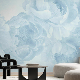 Fototapet floral cu pioni albastru deschis într-un interior modern