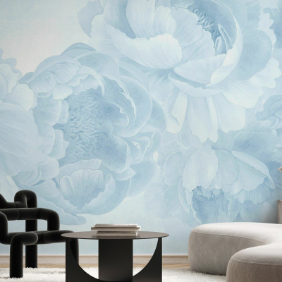Fototapet floral cu pioni albastru deschis într-un interior modern