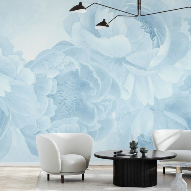 Fototapet floral cu pioni albastru deschis într-un interior modern