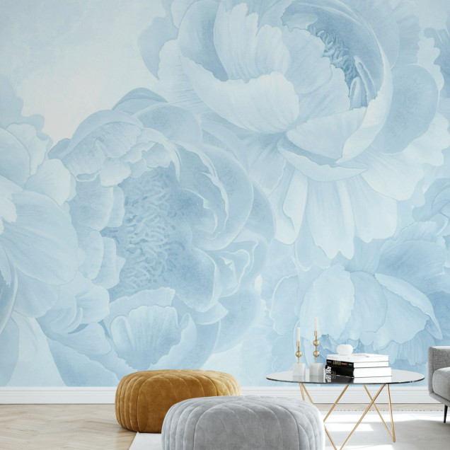 Fototapet floral cu pioni albastru deschis într-un interior modern