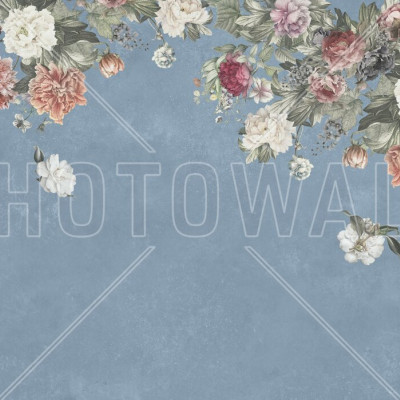 Fototapet floral vintage cu buchete de flori pe fundal albastru