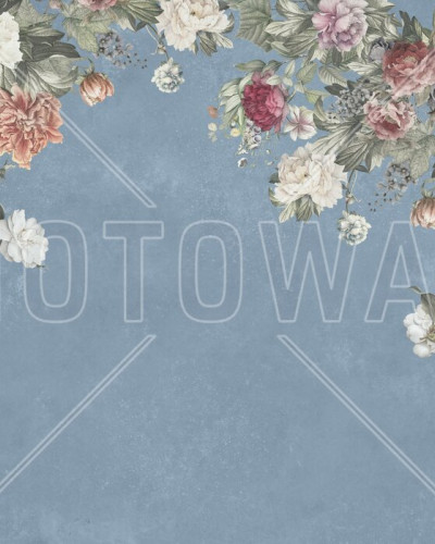 Fototapet floral vintage cu buchete de flori pe fundal albastru