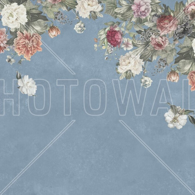 Fototapet floral vintage cu buchete de flori pe fundal albastru