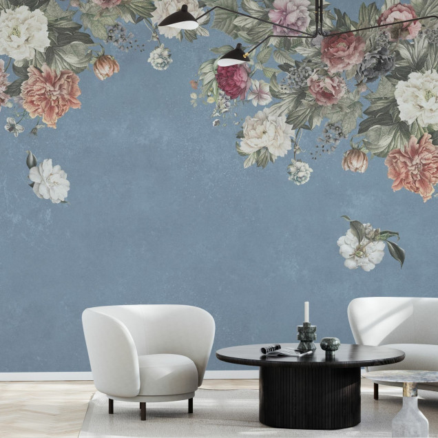 Fototapet floral vintage cu buchete de flori pe fundal albastru