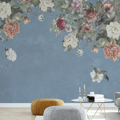 Fototapet floral vintage cu buchete de flori pe fundal albastru