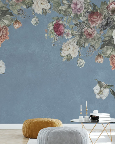 Fototapet floral vintage cu buchete de flori pe fundal albastru