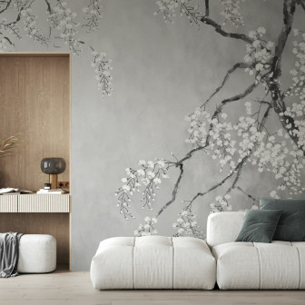 Fototapet floral cu glicină în living elegant