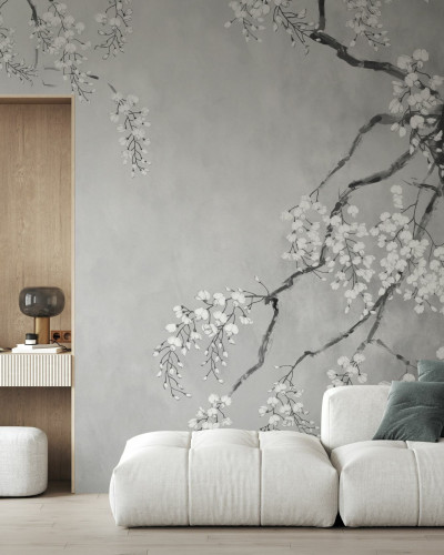 Fototapet floral cu glicină în living elegant