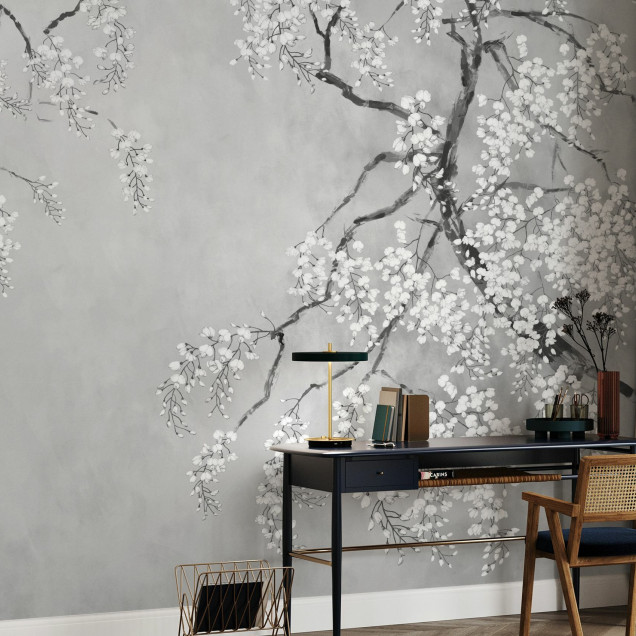 Fototapet floral cu glicină în living elegant