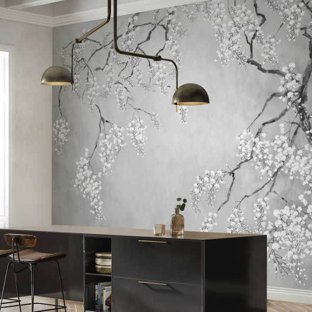 Fototapet floral cu glicină în living elegant