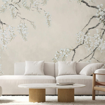 Fototapet bej cu flori de glicină într-un interior modern