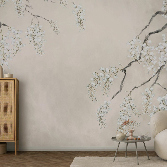 Fototapet bej cu flori de glicină într-un interior modern