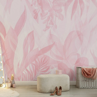Fototapet floral roz cu frunze stilizate intr-un decor interior elegant