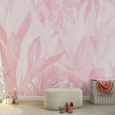 Fototapet floral roz cu frunze stilizate intr-un decor interior elegant