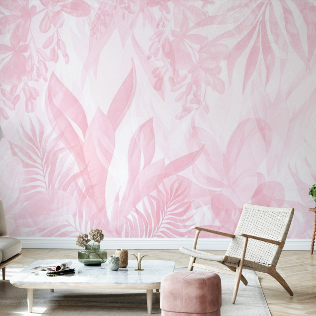 Fototapet floral roz cu frunze stilizate intr-un decor interior elegant