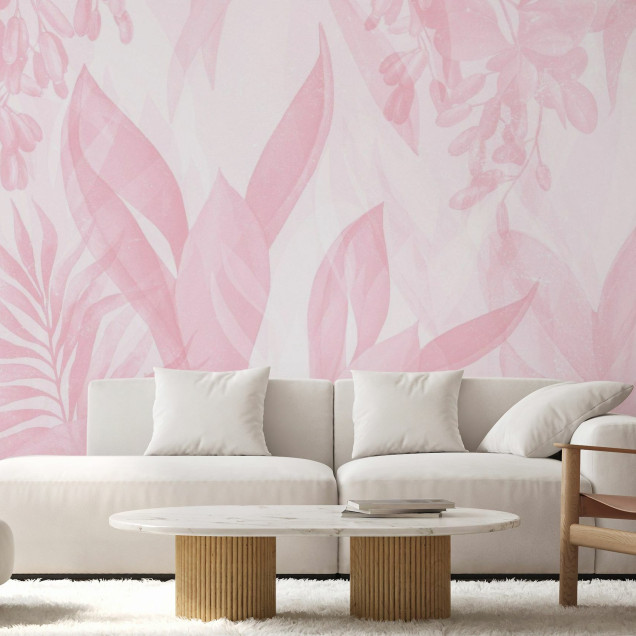 Fototapet floral roz cu frunze stilizate intr-un decor interior elegant