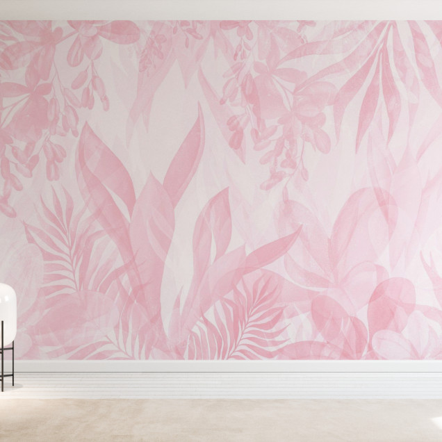Fototapet floral roz cu frunze stilizate intr-un decor interior elegant